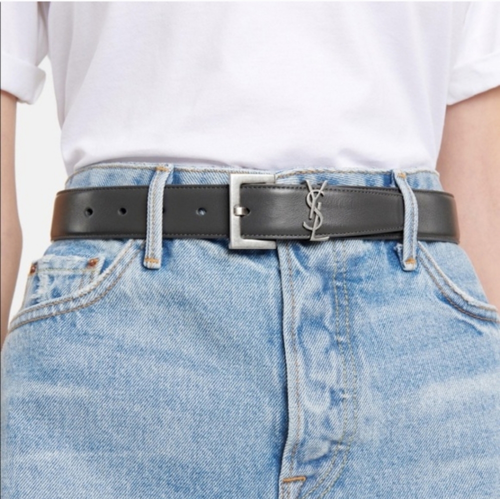 AUTHENTIC YSL SAINT LAURENT BELT  CASSANDRE MONIGRAM GREY STORM SILVER HARDWADE - Picture 2 of 16